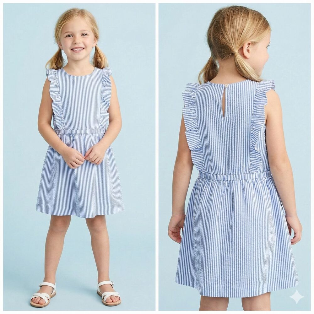 J. Crew Crewcuts Blue and White Seersucker Dress Girls Size 8 Preppy Ruffles